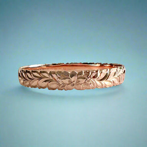Scalloped Shiny Maile, Plumeria & Hibiscus 10mm Hawaiian Bangle Bracelet in 14K Pink Gold