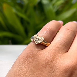 Hibiscus & Old English Valentine Heart Ring in 14K Yellow Gold