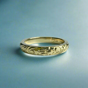 Old English & Flower 3mm Ring in 14K Green Gold