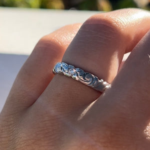 4mm Engraved Hawaiian Diamond Ring in 14K White Gold