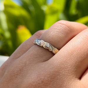 Tri-Color Scalloped Haku Lei 4mm Ring in 14K Gold