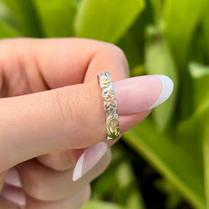 Tri-Color Scalloped Haku Lei 4mm Ring in 14K Gold