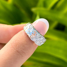 Load image into Gallery viewer, Hawaiian 8mm Ring with Plumerias &amp; Double Row Of Diamonds in 14K White Gold
