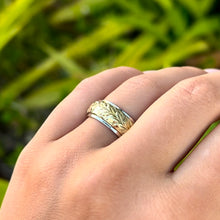 Load image into Gallery viewer, Two-Tone Maile &amp; Plumeria 8mm Hawaiian Ring in 14K White &amp; Green Gold
