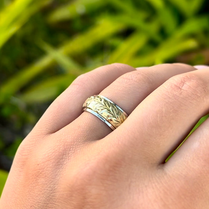 Two-Tone Maile & Plumeria 8mm Hawaiian Ring in 14K White & Green Gold