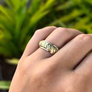 Two-Tone Old English & Hibiscus Hawaiian 8mm Ring in 14K Pink & Green Gold