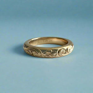 Old English & Flower 3mm Ring in 14K Yellow Gold