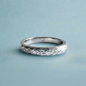 Maile & Hibiscus with Diamond 3mm Barrel Ring in 14K White Gold