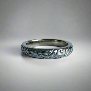 Plumeria with leaves All Around 3mm Barrel Ring in 14K White Gold