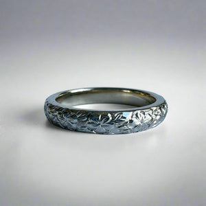 Plumeria  with leaves All Around 3mm Barrel Ring in 14K White Gold