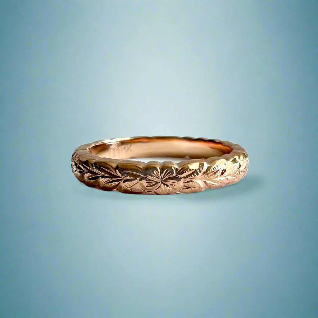 Scalloped Maile & Plumeria 3mm Ring in 14K Pink Gold