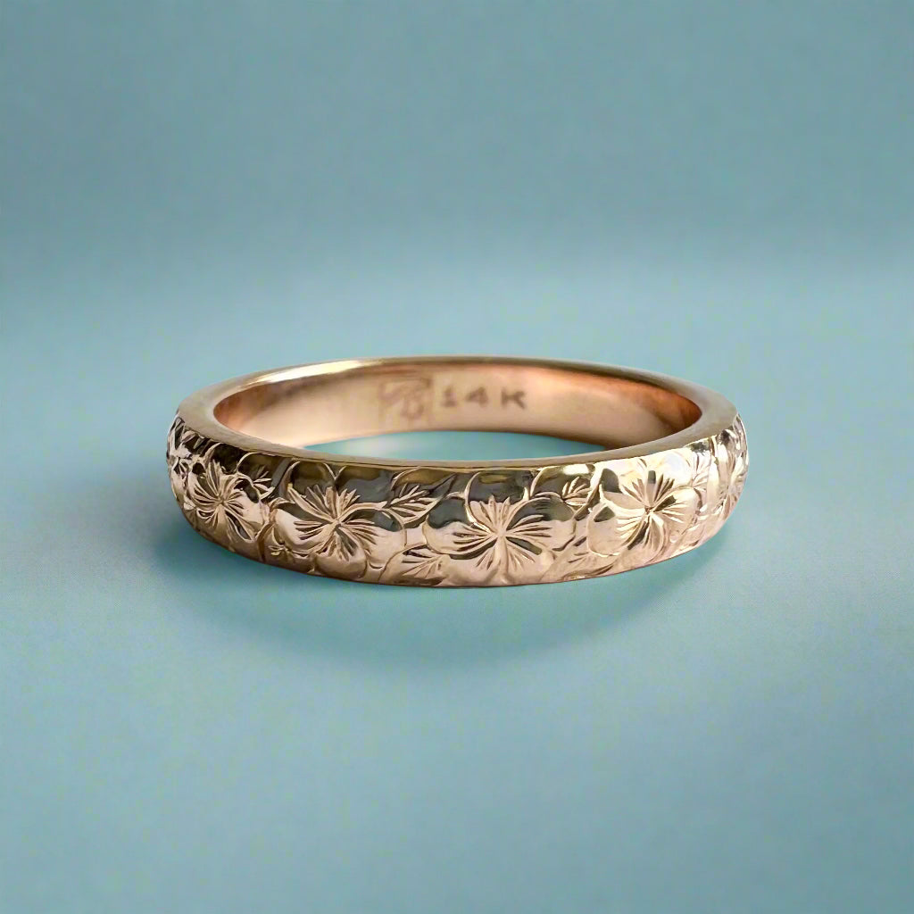 Plumeria with Leaves All Around 4mm Ring in 14K Pink Gold