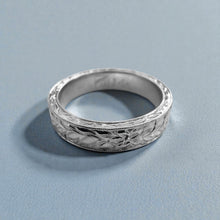 Load image into Gallery viewer, Milgrain Border Shiny Maile, Hibiscus &amp; Plumeria 4mm Flat Ring in 14K White Gold
