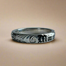 Load image into Gallery viewer, Hawaiian 4mm Barrel Mauloa Ring with Old English &amp; Hibiscus in 14K White Gold
