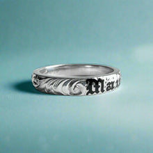 Load image into Gallery viewer, Old English &amp; Hibiscus 4mm &quot;Mauloa&quot; Ring in 14K White Gold
