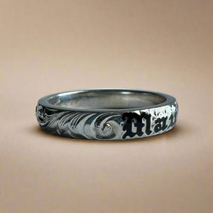 Hawaiian 4mm Barrel Mauloa Ring with Old English & Hibiscus in 14K White Gold