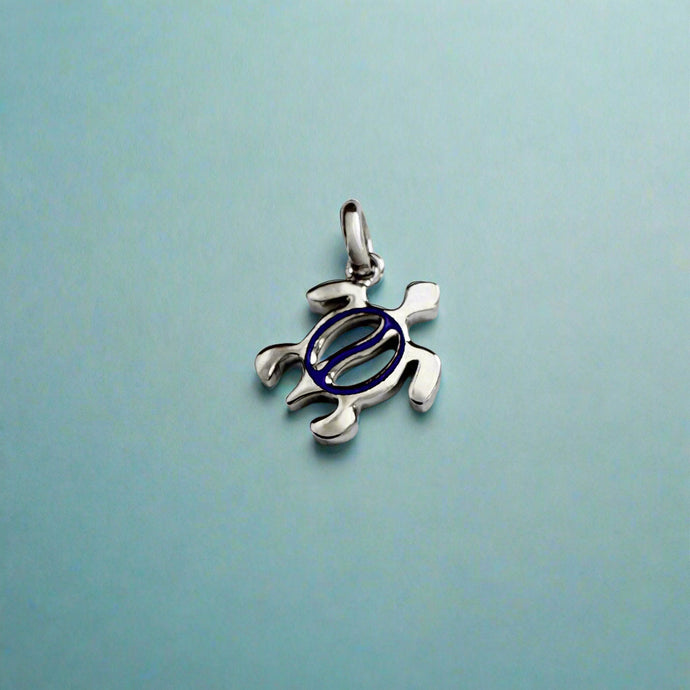 Small Petroglyph Turtle Pendant with Cobalt Blue Enamel in 14K White Gold