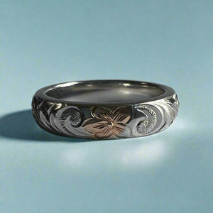 Old English Barrel 4mm Ring in White Gold with Pink Gold Hibiscus