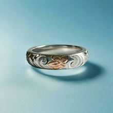 Load image into Gallery viewer, Two-tone Old English 4mm Ring in 14K White Gold with Pink Gold Hibiscus
