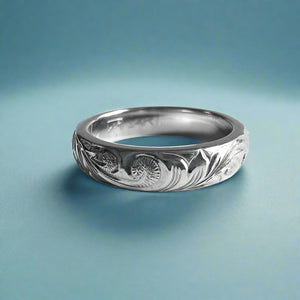 Two-tone Old English 4mm Ring in 14K White Gold with Pink Gold Hibiscus