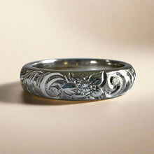 Load image into Gallery viewer, Old English &amp; Hibiscus 4mm Barrel Ring with Diamond in 18K White Gold
