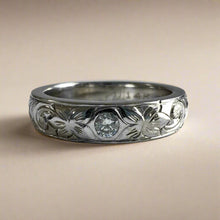 Load image into Gallery viewer, Old English, Hibiscus &amp; Plumeria 4mm Barrel Ring with .07ct Diamond in 14K White Gold
