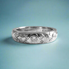 Load image into Gallery viewer, Old English, Hibiscus &amp; Plumeria 4mm Barrel Ring with .07ct Diamond in 14K White Gold
