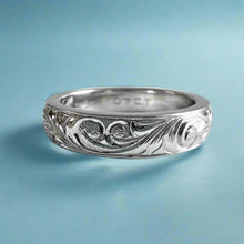 Load image into Gallery viewer, Old English, Hibiscus &amp; Plumeria 4mm Hawaiian Ring with .07ct Diamond in 14K White Gold
