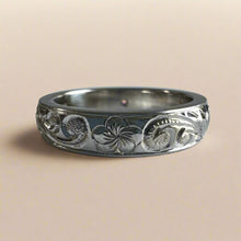 Load image into Gallery viewer, Old English, Hibiscus &amp; Plumeria 4mm Barrel Ring with .07ct Diamond in 14K White Gold
