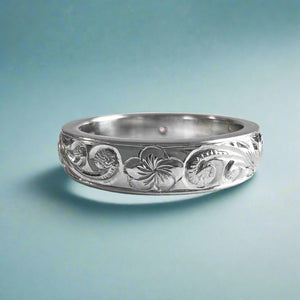 Old English, Hibiscus & Plumeria 4mm Hawaiian Ring with .07ct Diamond in 14K White Gold