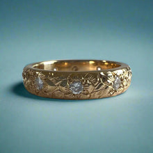 Load image into Gallery viewer, Hibiscus &amp; Plumeria with Leaves &amp; Diamonds 4mm Barrel Ring in 14K Yellow Gold
