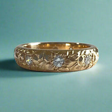 Load image into Gallery viewer, Hibiscus &amp; Plumeria with Leaves &amp; Diamonds 4mm Barrel Ring in 14K Yellow Gold
