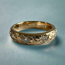 Load image into Gallery viewer, Hibiscus &amp; Plumeria with Leaves &amp; Diamonds 4mm Barrel Ring in 14K Yellow Gold
