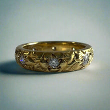 Load image into Gallery viewer, Hibiscus &amp; Plumeria with Leaves &amp; Diamonds 4mm Barrel Ring in 14K Green Gold
