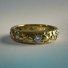 Load image into Gallery viewer, Hibiscus &amp; Plumeria with Leaves &amp; Diamonds 4mm Barrel Ring in 14K Green Gold
