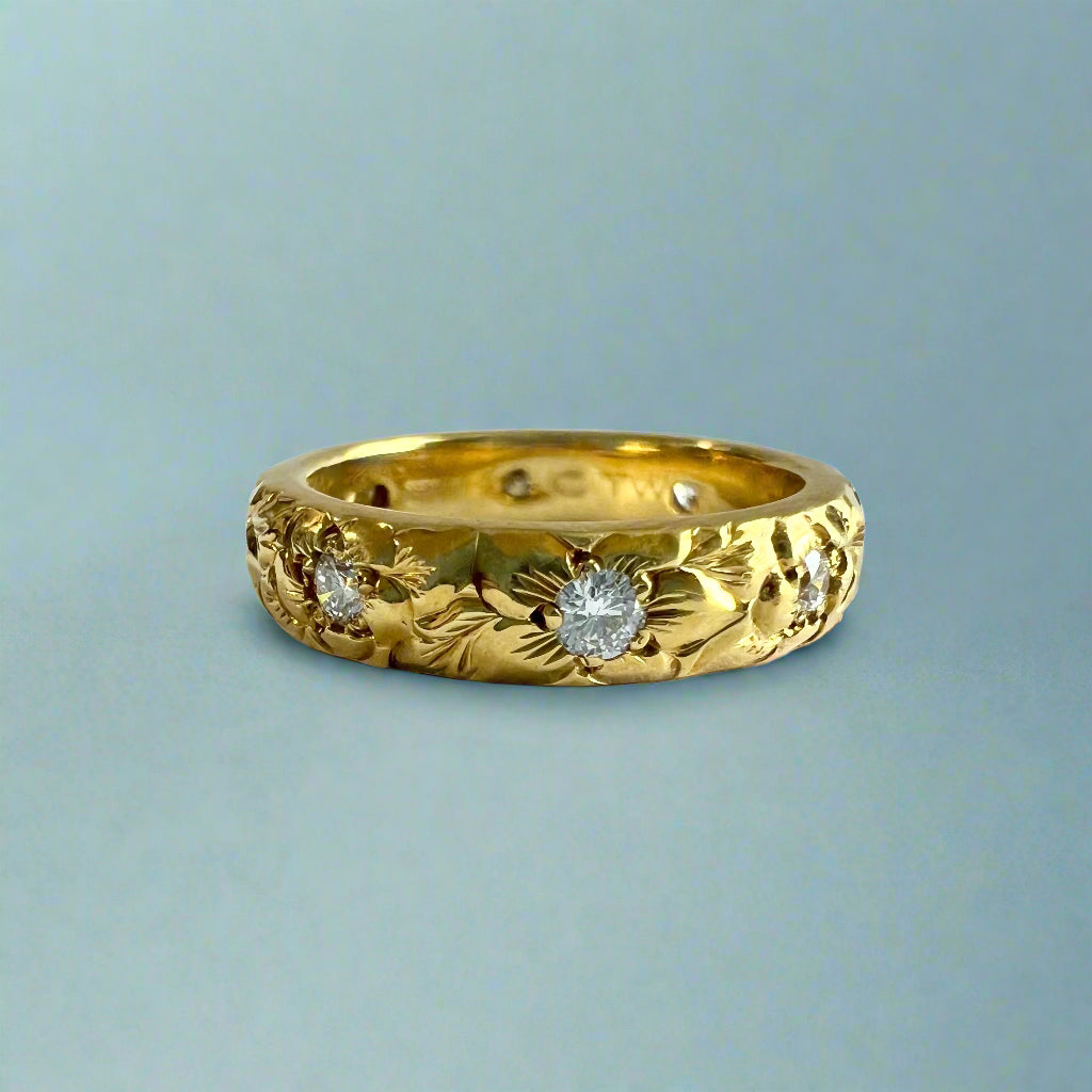 Hibiscus & Plumeria with Leaves & Diamonds 4mm Ring in 14K Green Gold