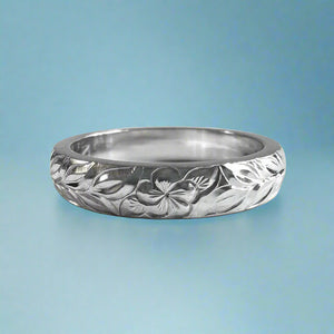 Shiny Maile with Flower 4mm Ring in 14K White Gold