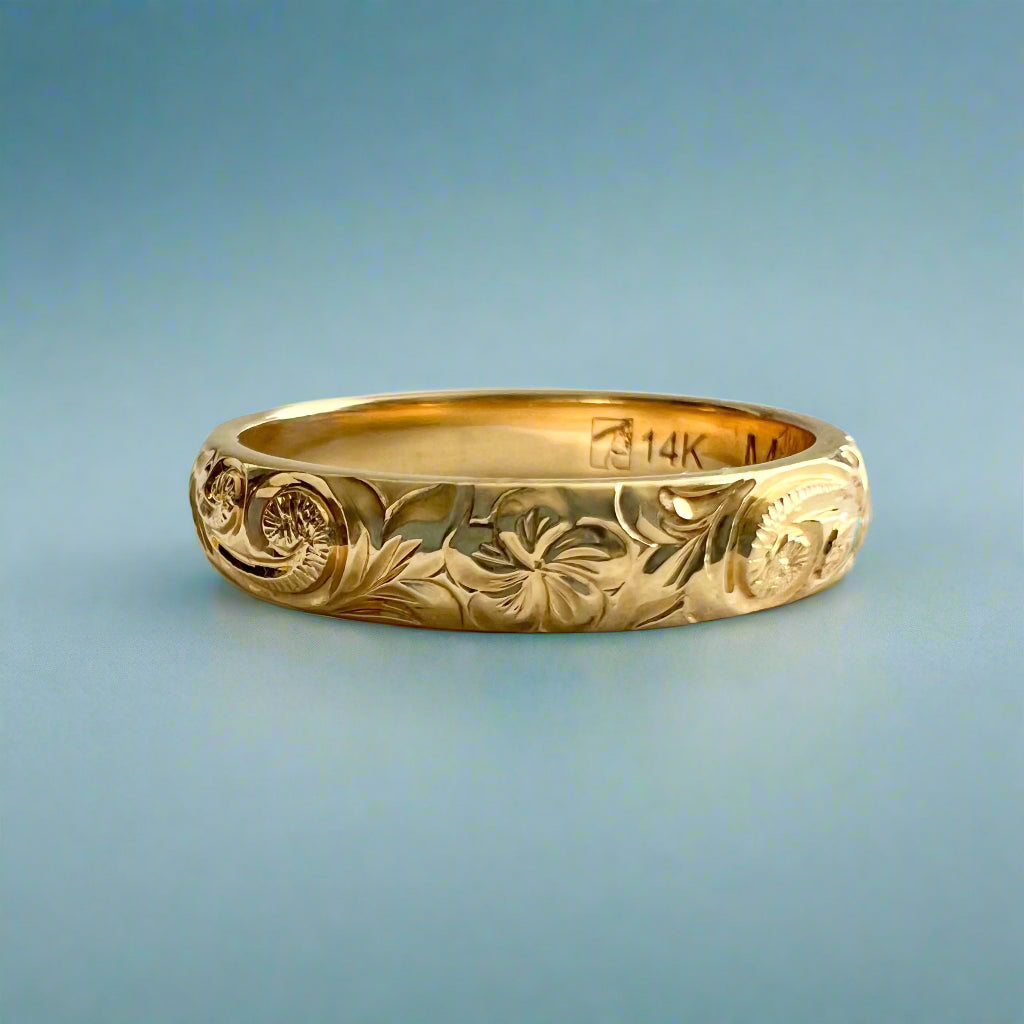 Makana 4mm Hawaiian Ring with Old English & Plumeria in 14K Yellow Gold