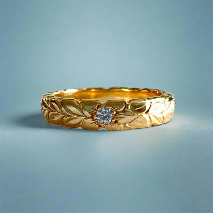 Scalloped Shiny Maile & Hibiscus 4mm Ring with Diamond in 14K Yellow Gold