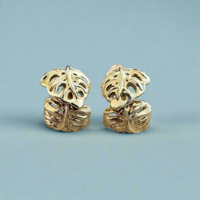 Half Hoop Monstera Earrings with Post in 14K Green Gold