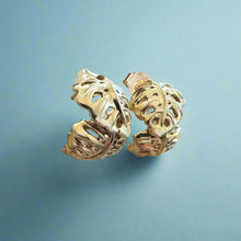 Load image into Gallery viewer, Half Hoop Monstera Earrings with Post in 14K Green Gold
