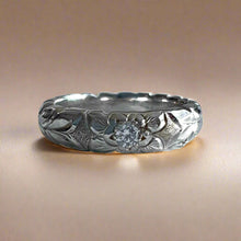 Load image into Gallery viewer, Scalloped Shiny Maile &amp; Plumeria 4mm Ring with Diamond in 18K White Gold
