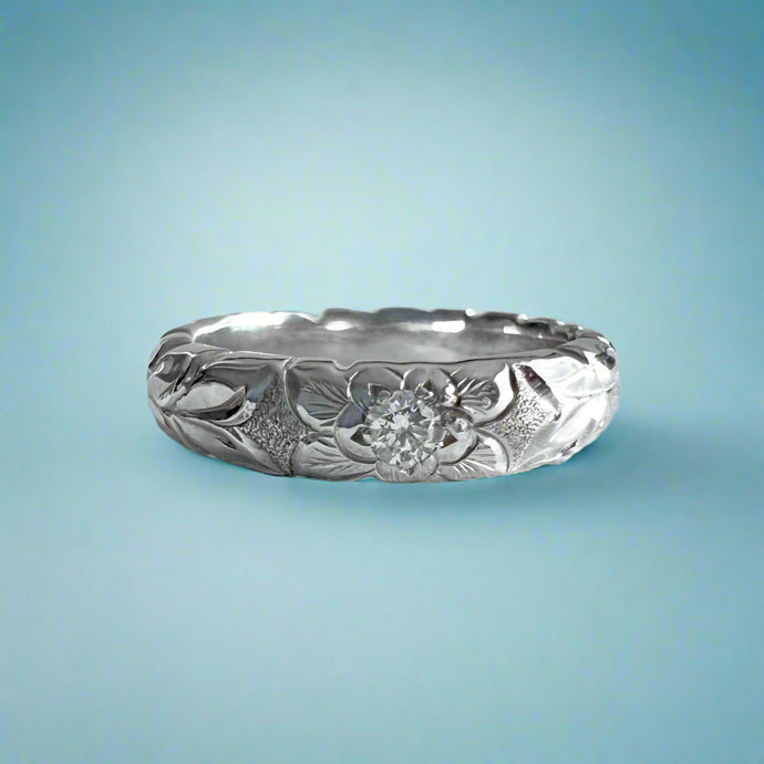 Scalloped Shiny Maile & Plumeria 4mm Hawaiian Ring w/ Diamond in 18K White Gold