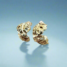 Load image into Gallery viewer, Half Hoop Monstera Earrings with Post in 14K Green Gold

