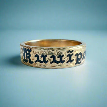 Load image into Gallery viewer, Maile &amp; Hibiscus 6mm &quot;Kuuipo&quot; Flat Ring in 14K Yellow Gold in size 9 1/8
