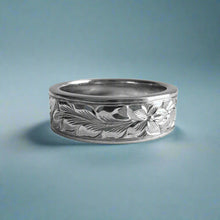 Load image into Gallery viewer, Long Leaf Maile &amp; Hibiscus Flat 6mm Hawaiian Ring in 14K White Gold
