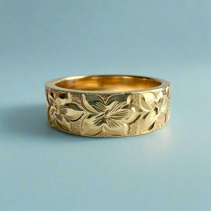 Hibiscus All Around Flat 6mm Hawaiian Ring in 14K Yellow Gold