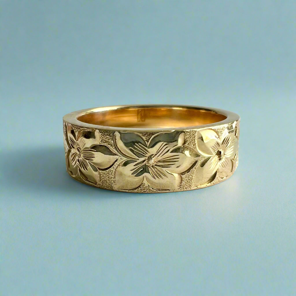 Hibiscus All Around Flat 6mm Hawaiian Ring in 14K Yellow Gold