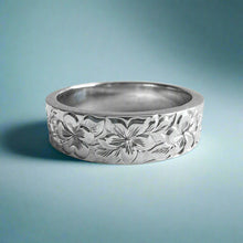 Load image into Gallery viewer, Hibiscus &amp; Plumeria with Leaves All Around Flat 6mm Ring in 14K White Gold
