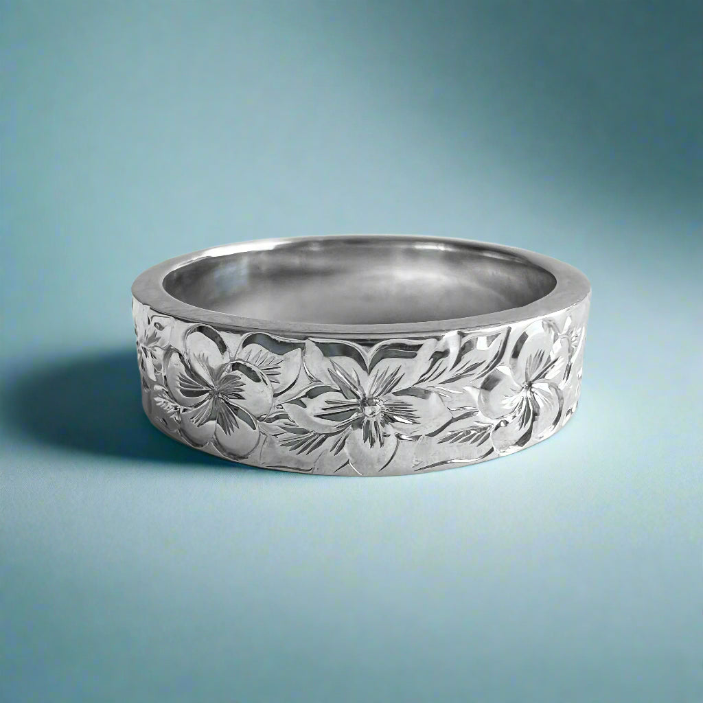 Hibiscus & Plumeria with Leaves All Around Flat 6mm Ring in 14K White Gold